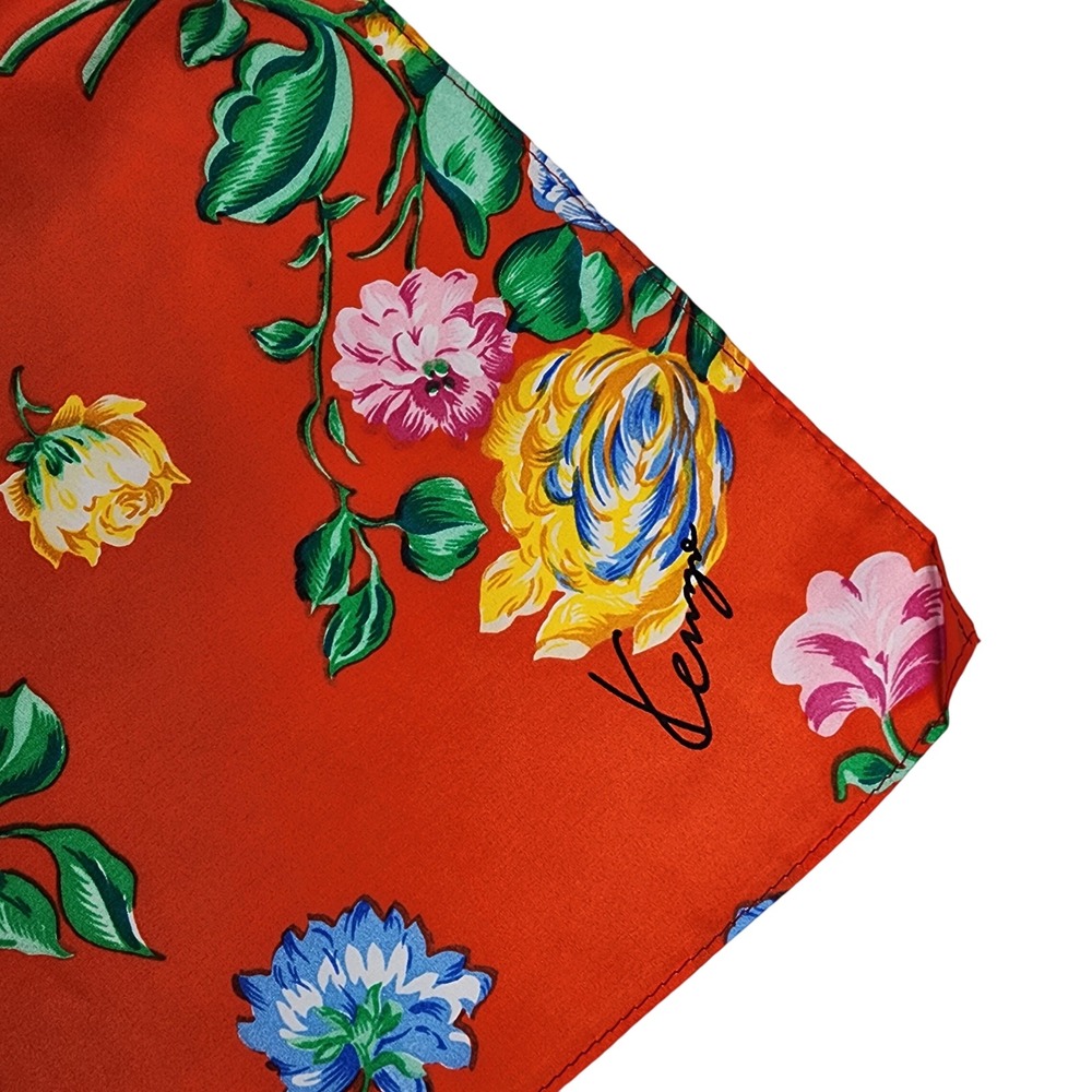 Vintage Kenzo Paris Silk Scarf Floral Red Multicolor Made In France 100% Silk